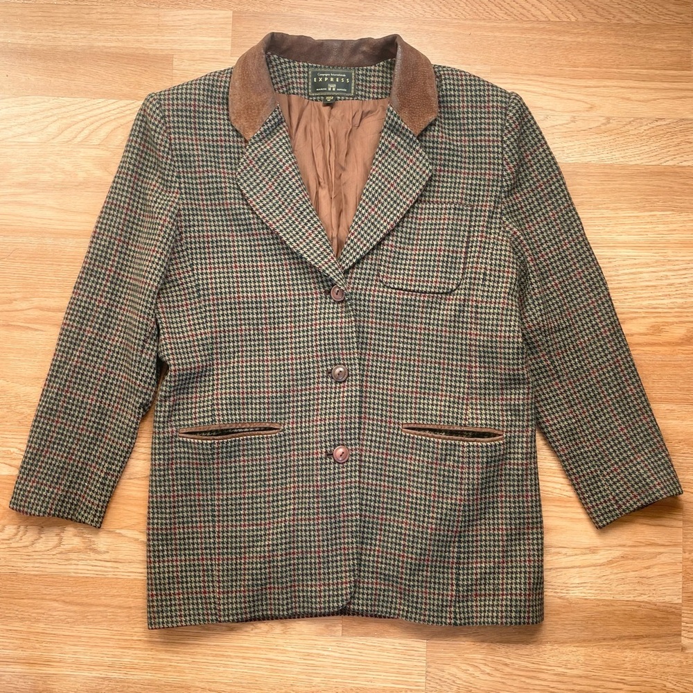 VINTAGE Y2K Express Wool Leather Houndstooth Brown Red Blazer Jacket Medium
